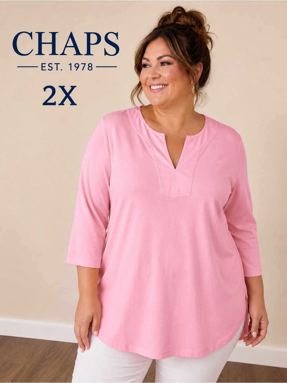 Chaps 2X Soft Pink 100% Cotton Split Neck Tunic Top 3/4 Sleeve Plus